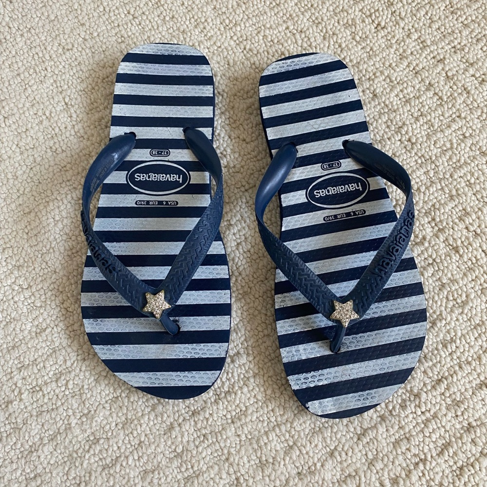 Havaianas Flip Flops Navy and White Striped with Crystal Star